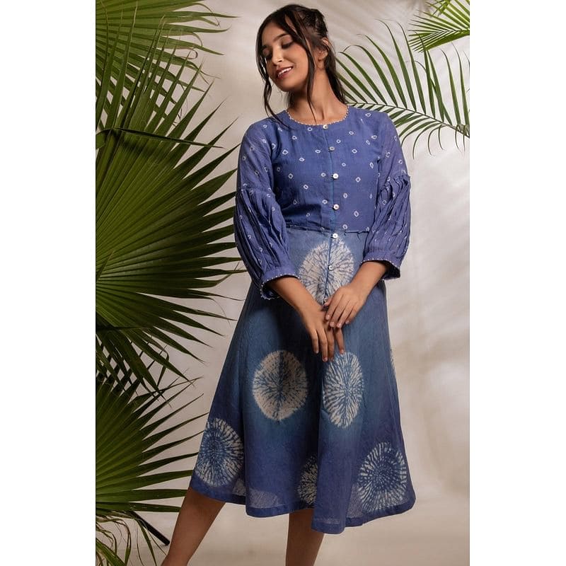 Women Tie Dye Dress - Navy Blue - Charkha TalesWomen Tie Dye Dress - Navy Blue