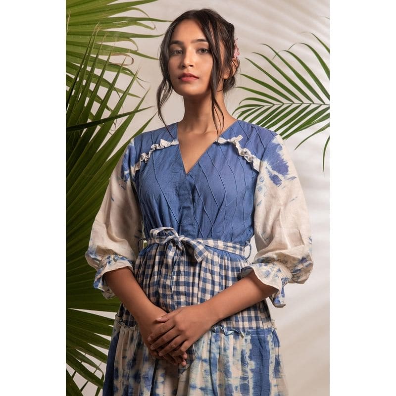 Women Tie Dye Layered Maxi Dress - Cobalt Blue - Charkha TalesWomen Tie Dye Layered Maxi Dress - Cobalt Blue