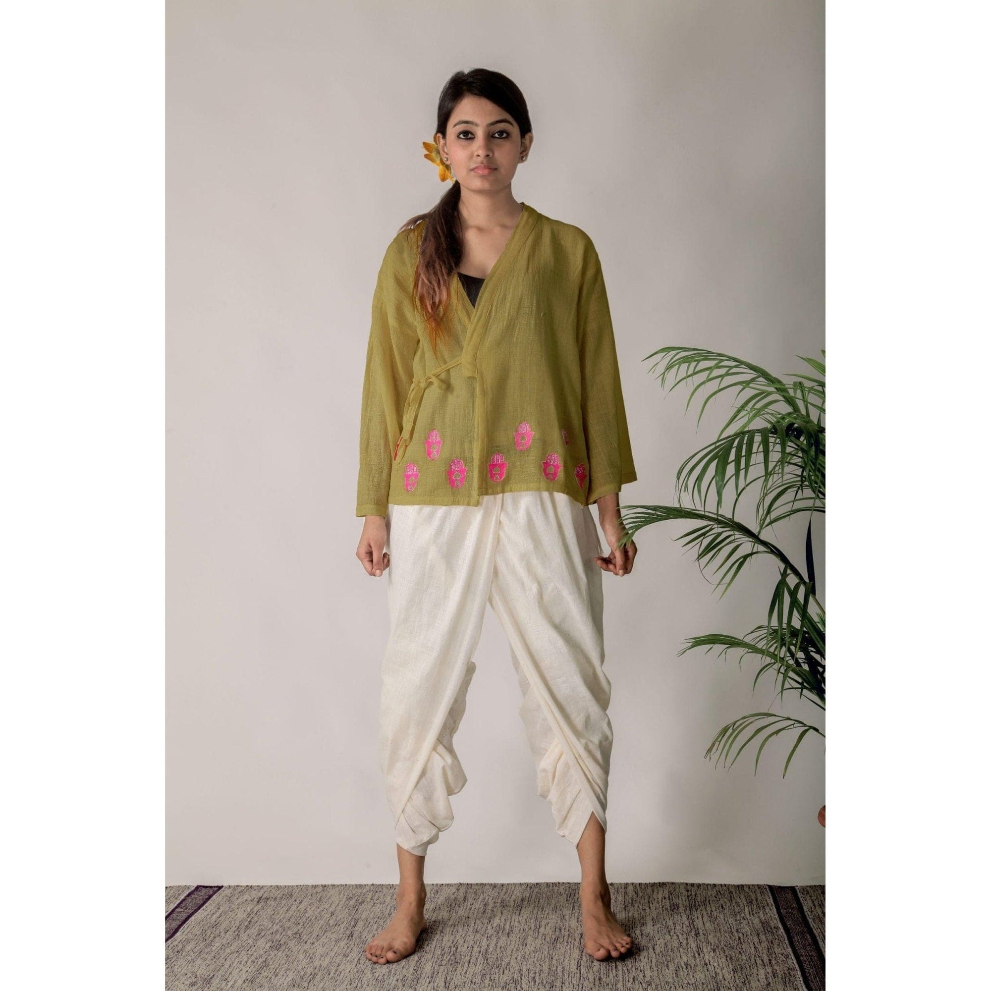Women Traditional Angharkha Top Set - Olive - Charkha TalesWomen Traditional Angharkha Top Set - Olive