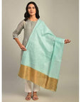 Women Turquoise Linen Dupatta - Charkha TalesWomen Turquoise Linen Dupatta