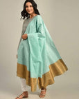 Women Turquoise Linen Dupatta - Charkha TalesWomen Turquoise Linen Dupatta