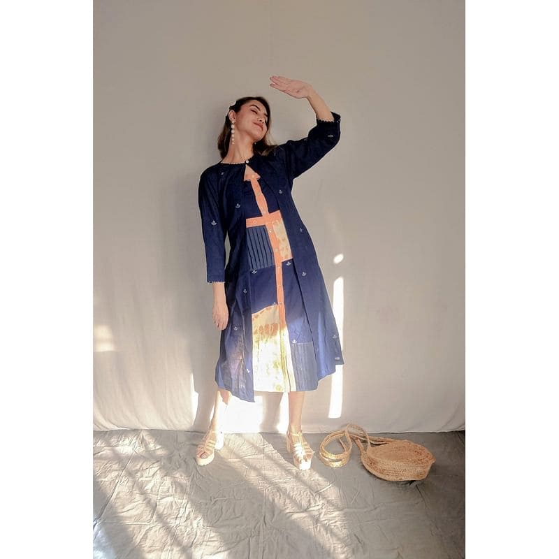 Women Ultra Soft Jamdani Jacket - Navy Blue - Charkha TalesWomen Ultra Soft Jamdani Jacket - Navy Blue