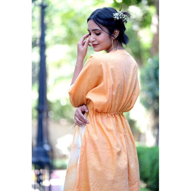 Women Yellow Clamp Dye Kaftaan Dress - Charkha TalesWomen Yellow Clamp Dye Kaftaan Dress