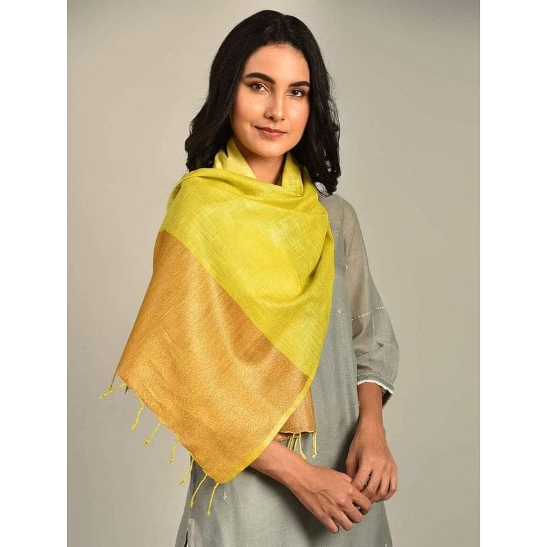 Women Yellow Handwoven Linen Stole - Charkha TalesWomen Yellow Handwoven Linen Stole