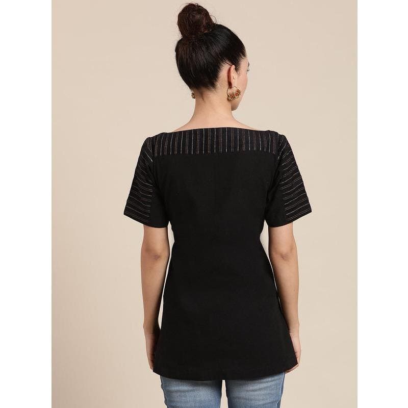Women Zari Drop Shoulder Top - Black - Charkha TalesWomen Zari Drop Shoulder Top - Black