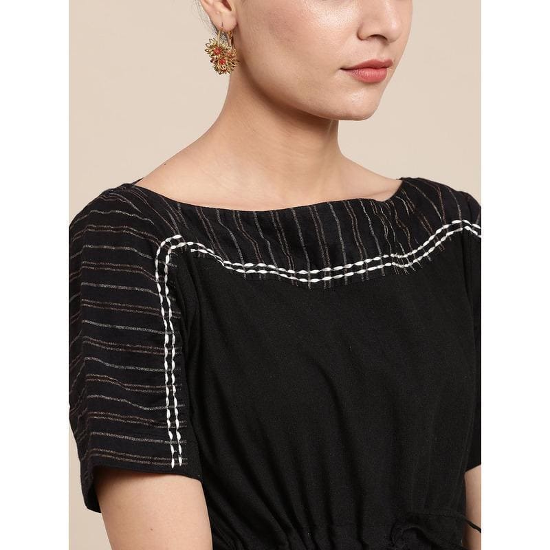 Women Zari Drop Shoulder Top - Black - Charkha TalesWomen Zari Drop Shoulder Top - Black