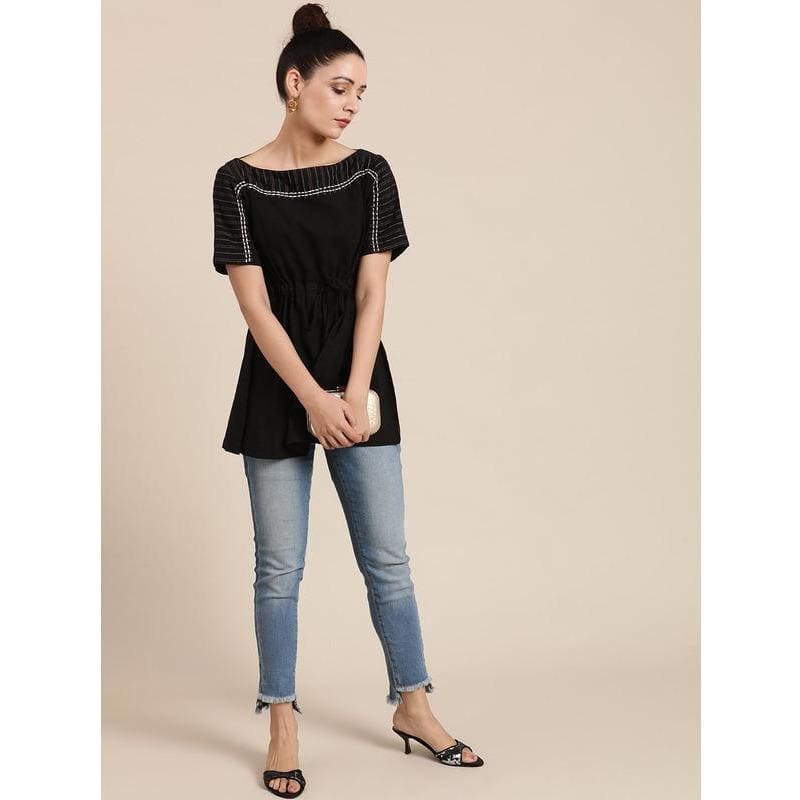 Women Zari Drop Shoulder Top - Black - Charkha TalesWomen Zari Drop Shoulder Top - Black