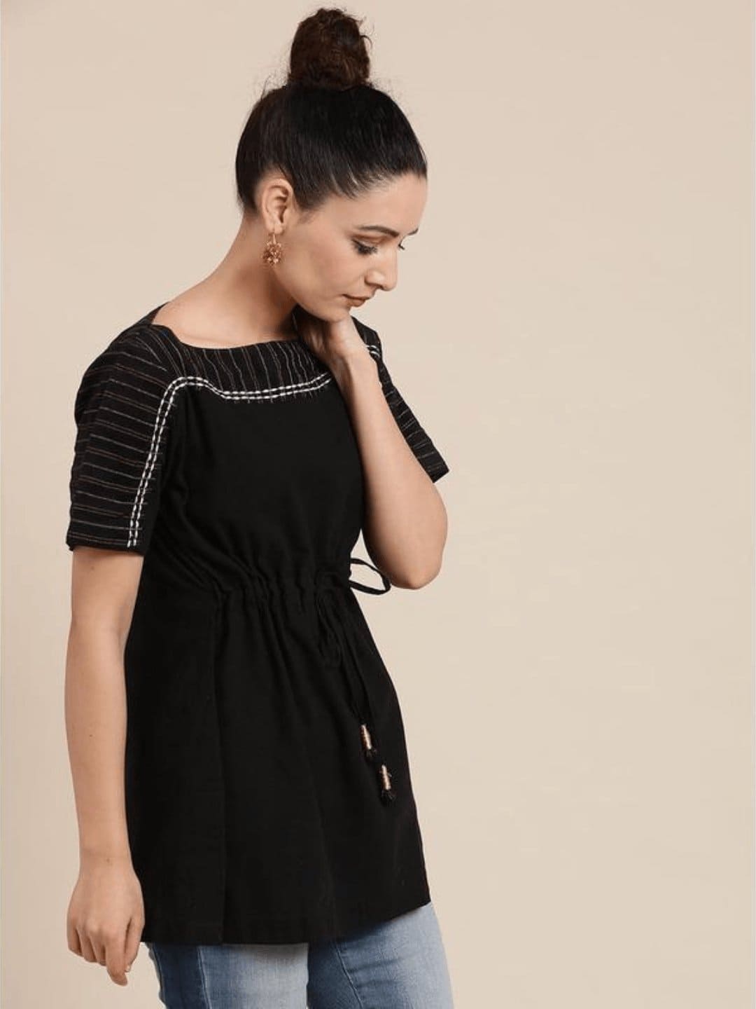 Women Zari Drop Shoulder Top - Black - Charkha TalesWomen Zari Drop Shoulder Top - Black