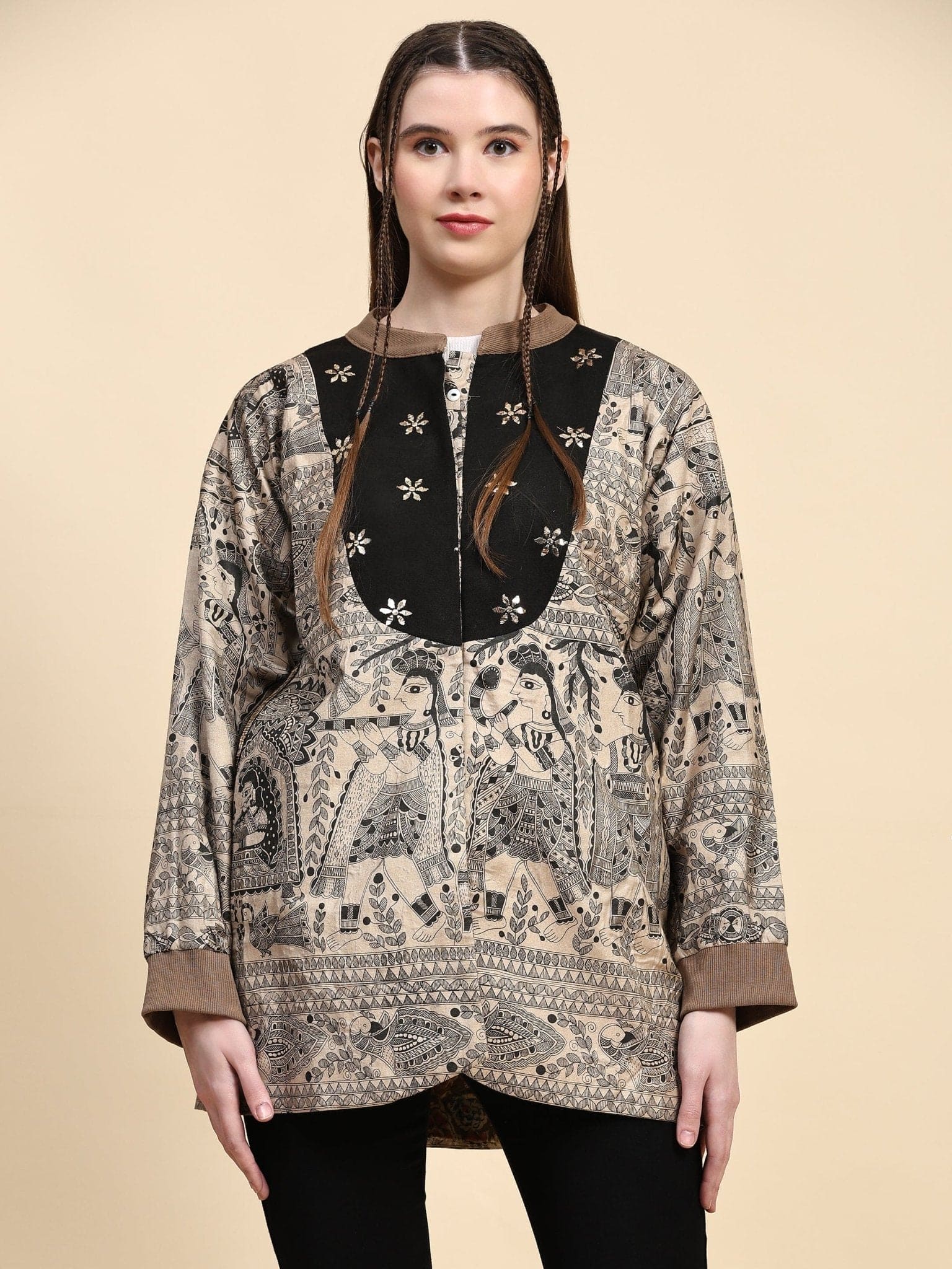 Woolen Mukaish Work Jacket - Z - BLACK - Charkha TalesWoolen Mukaish Work Jacket - Z - BLACK