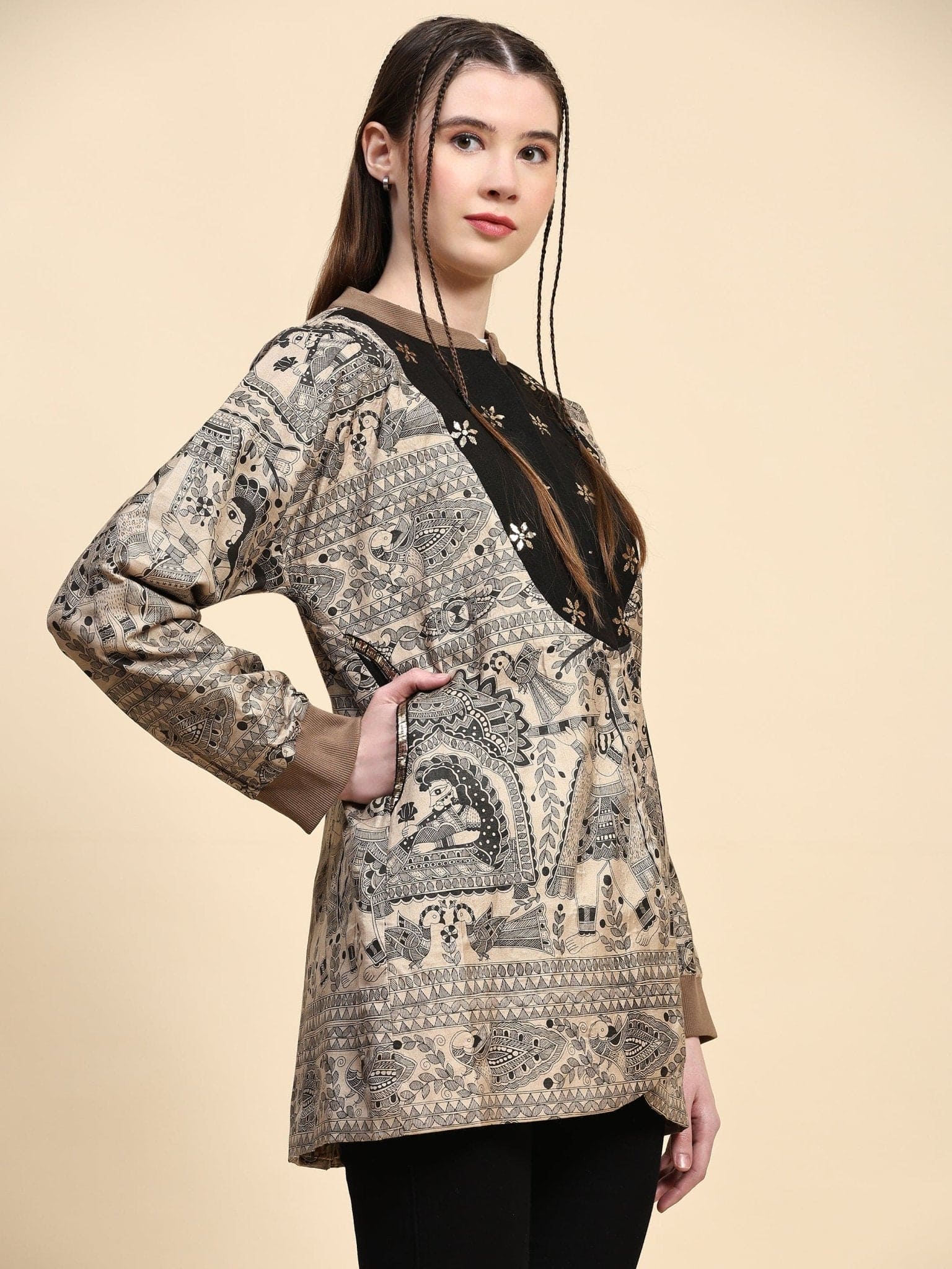 Woolen Mukaish Work Jacket - Z - BLACK - Charkha TalesWoolen Mukaish Work Jacket - Z - BLACK