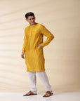 Yellow Chanderi Men Jacket & Kurta Set - Charkha TalesYellow Chanderi Men Jacket & Kurta Set