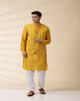 Yellow Chanderi Men Jacket & Kurta Set - Charkha TalesYellow Chanderi Men Jacket & Kurta Set