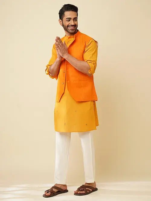 Yellow Kantha Cotton Nehru Jacket Charkha Tales