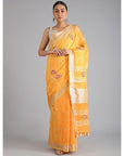 Yellow Linen Checked Embroidered Saree - Charkha TalesYellow Linen Checked Embroidered Saree