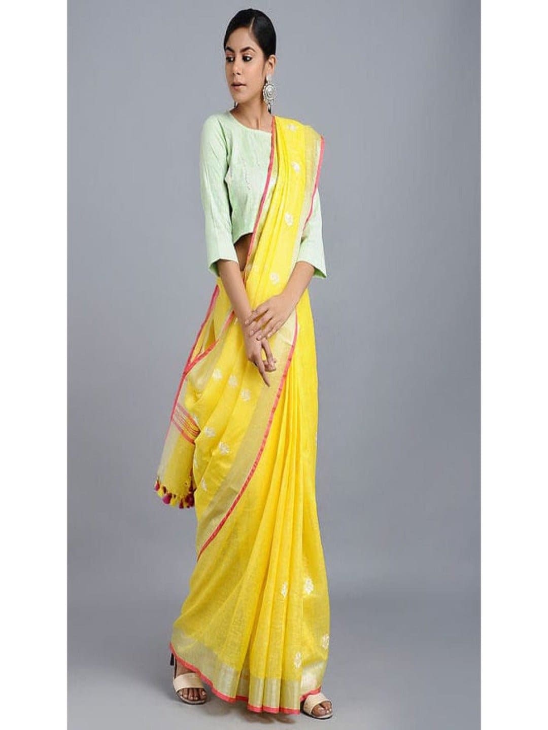 Yellow Linen Embroidered Saree - Charkha TalesYellow Linen Embroidered Saree