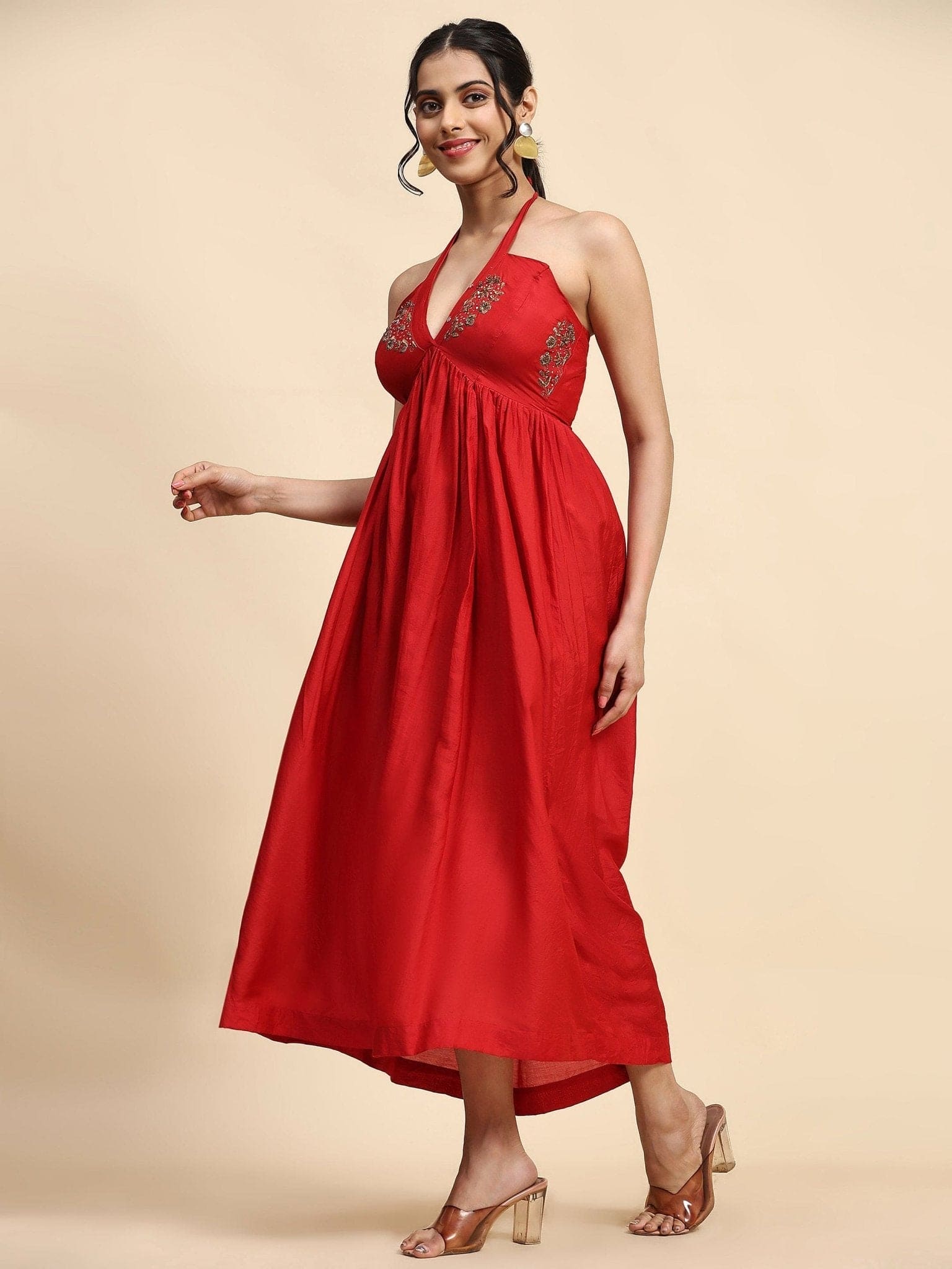 Zardozi Chanderi Tie Up Dress - Red - Charkha TalesZardozi Chanderi Tie Up Dress - Red