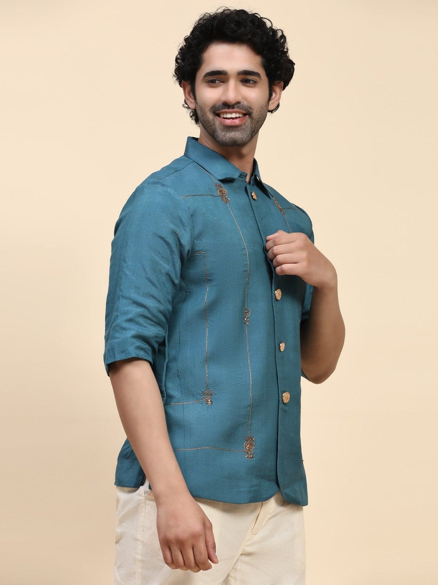 Zardozi Katan Silk Shirt - Cobalt Blue - Charkha TalesZardozi Katan Silk Shirt - Cobalt Blue