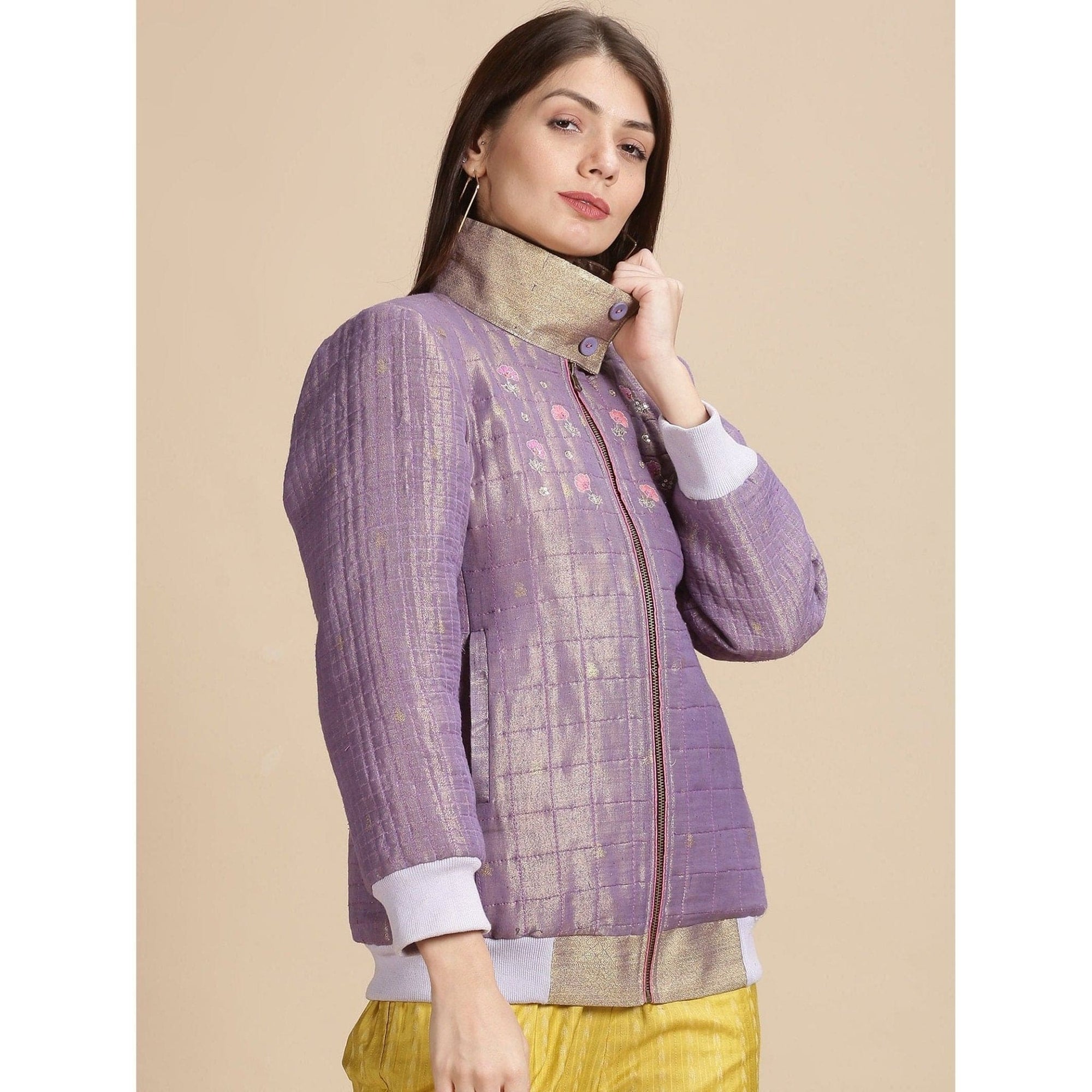 Zari Bomber Jacket - Mauve - Charkha TalesZari Bomber Jacket - Mauve