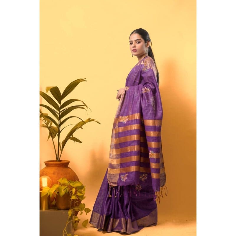 Zari Linen Embroidered Saree - Purple - Charkha TalesZari Linen Embroidered Saree - Purple