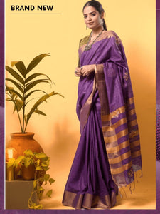 Zari Linen Embroidered Saree - Purple
