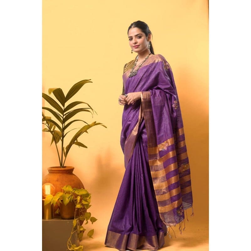 Zari Linen Embroidered Saree - Purple - Charkha TalesZari Linen Embroidered Saree - Purple