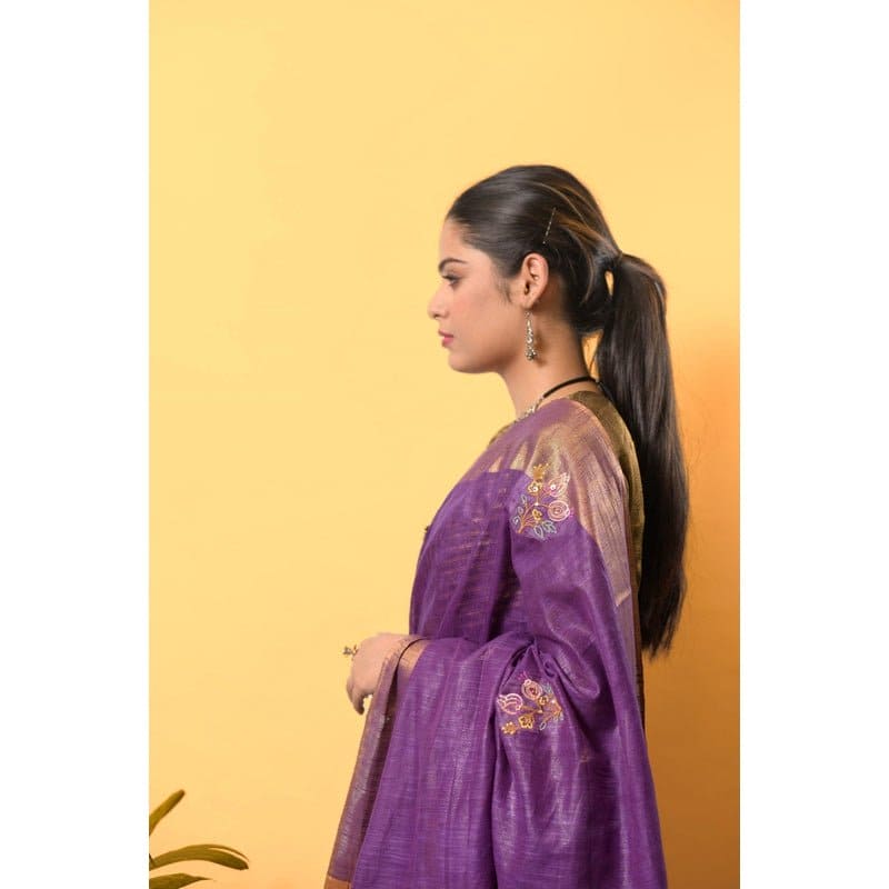 Zari Linen Embroidered Saree - Purple - Charkha TalesZari Linen Embroidered Saree - Purple
