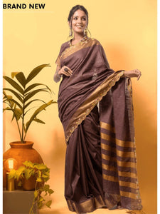 Zari Linen Saree - Metallic Brown