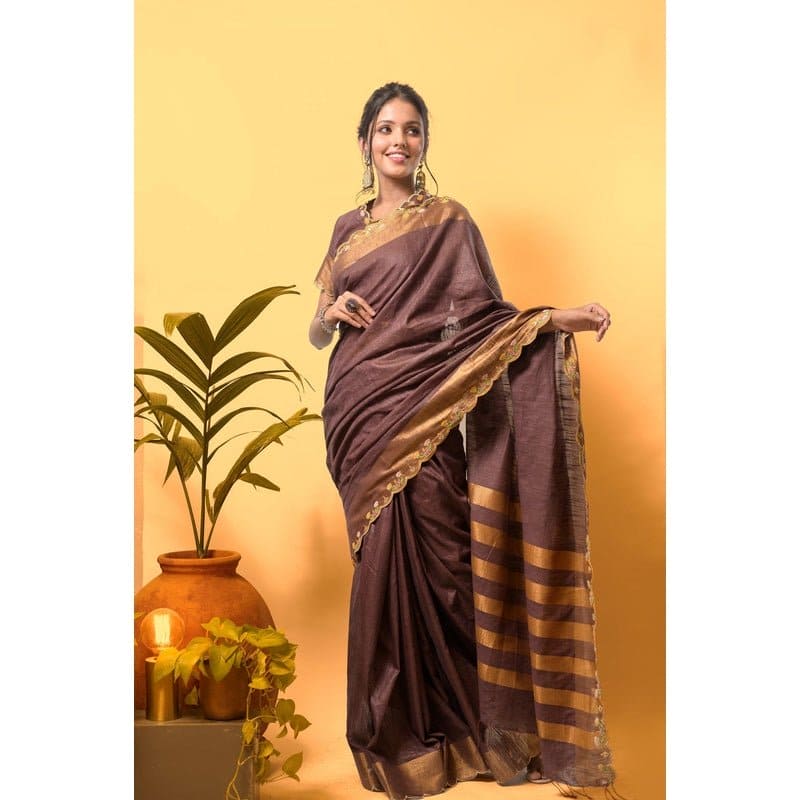 Zari Linen Saree - Metallic Brown - Charkha TalesZari Linen Saree - Metallic Brown