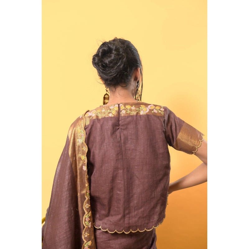 Zari Linen Saree - Metallic Brown - Charkha TalesZari Linen Saree - Metallic Brown