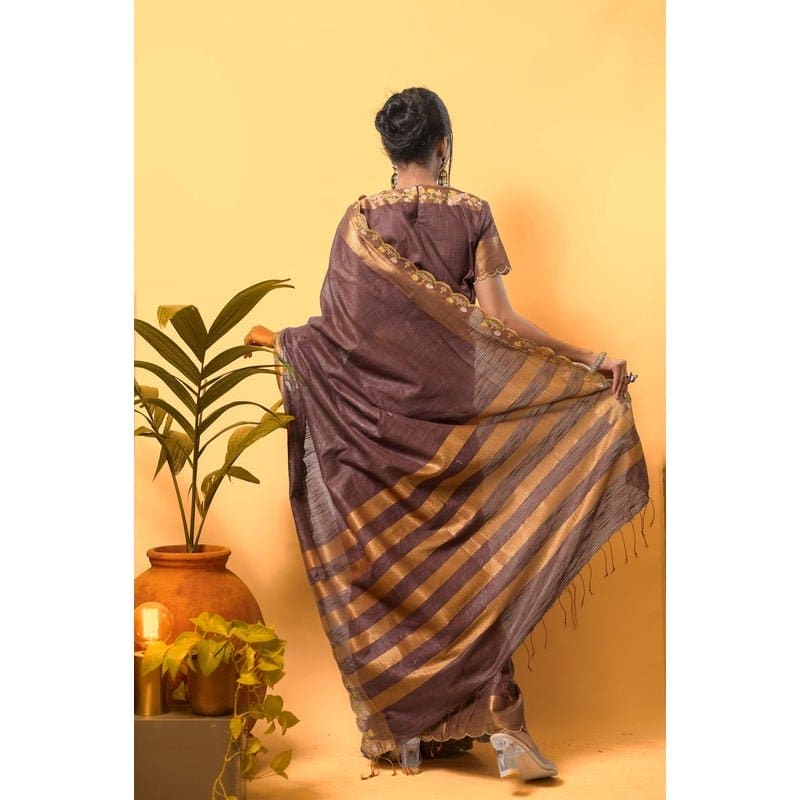 Zari Linen Saree - Metallic Brown - Charkha TalesZari Linen Saree - Metallic Brown