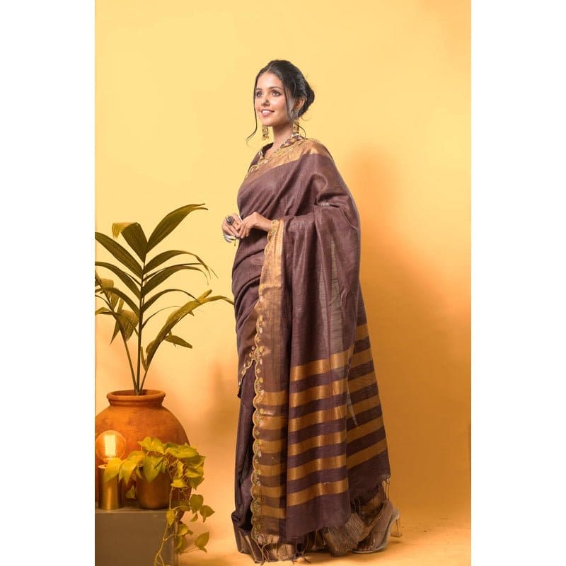Zari Linen Saree - Metallic Brown - Charkha TalesZari Linen Saree - Metallic Brown