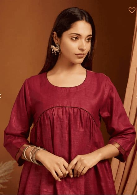Zari Linen Women Kurta Set - Maroon - Charkha TalesZari Linen Women Kurta Set - Maroon