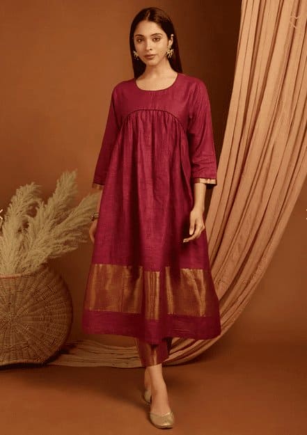 Zari Linen Women Kurta Set - Maroon - Charkha TalesZari Linen Women Kurta Set - Maroon