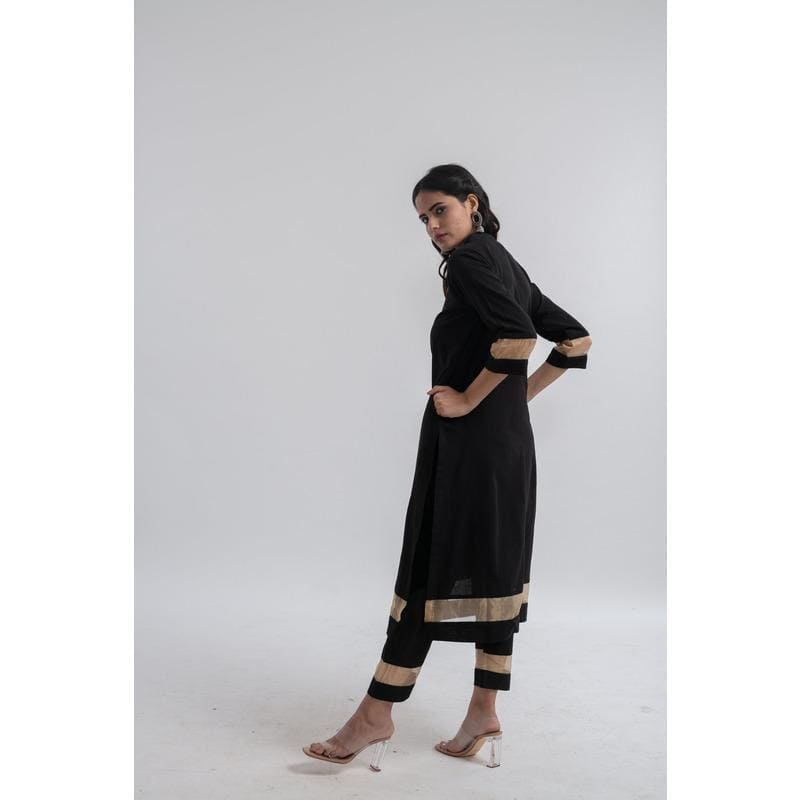Zari Shimmer Kurta Set - Black Gold - Charkha TalesZari Shimmer Kurta Set - Black Gold