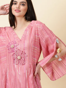 Zari Striped Kurta Set - Rose Pink
