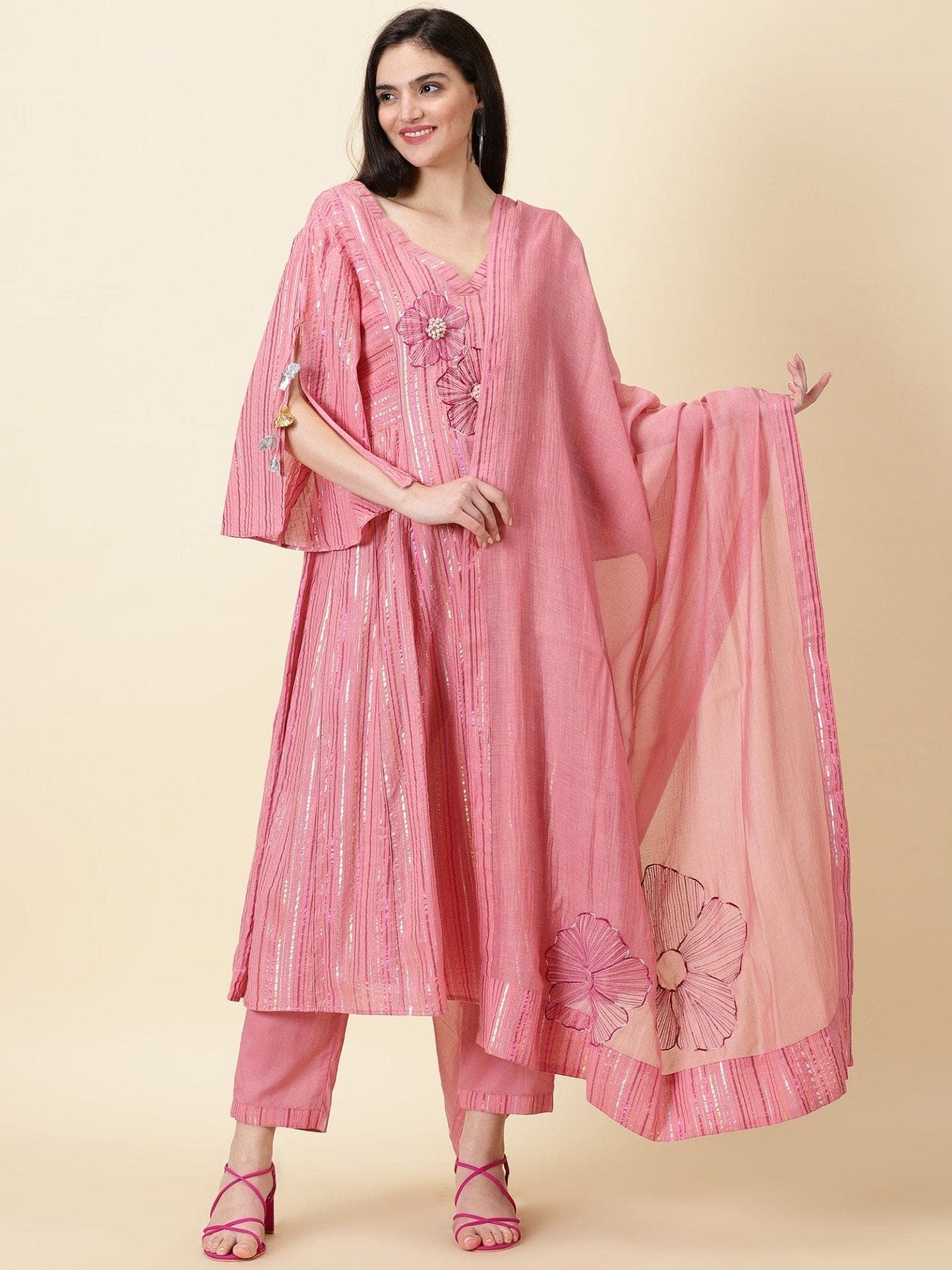 Zari Striped Kurta Set - Rose Pink - Charkha TalesZari Striped Kurta Set - Rose Pink