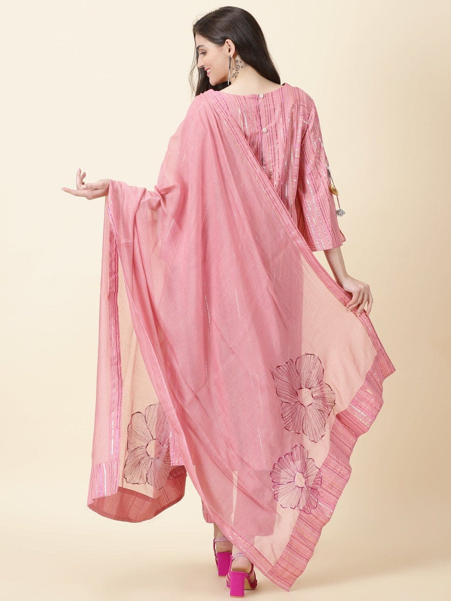 Zari Striped Kurta Set - Rose Pink - Charkha TalesZari Striped Kurta Set - Rose Pink